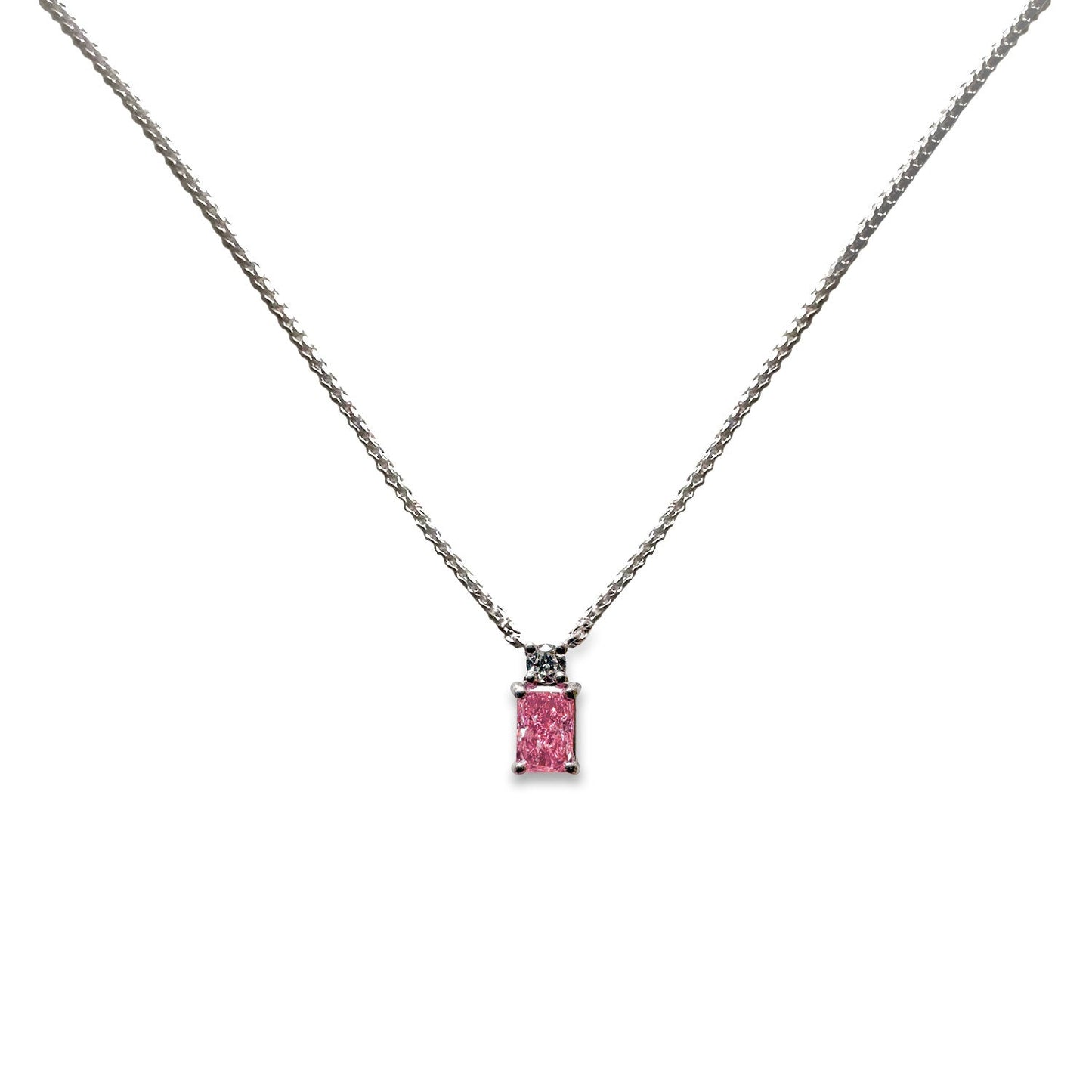ISADORA JEWELLERY Lab-Grown Diamond Pendant in 9ct White Gold featuring one Rectangular Pink Diamond (0.43ct) and one Brilliant Cut White Diamond (0.05ct) (TDW: 0.48ct)
