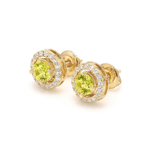 ISADORA JEWELLERY Lab-Grown Diamond Halo Earrings featuring two YELLOW centre diamonds each surrounded by 17 white diamonds in 14ct Yellow Gold (Total Diamond Weight 0.70ct)