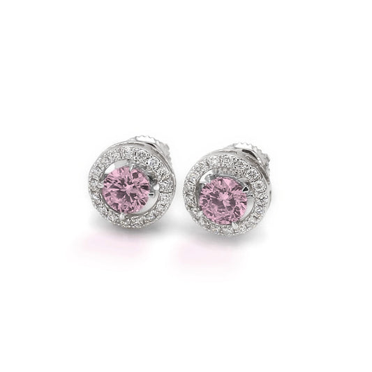 ISADORA JEWELLERY Lab-Grown Diamond Halo Earrings featuring two PINK Centre Diamonds each surrrounded by 17 white diamonds in 14ct White Gold (Total Diamond Weight 0.70ct)